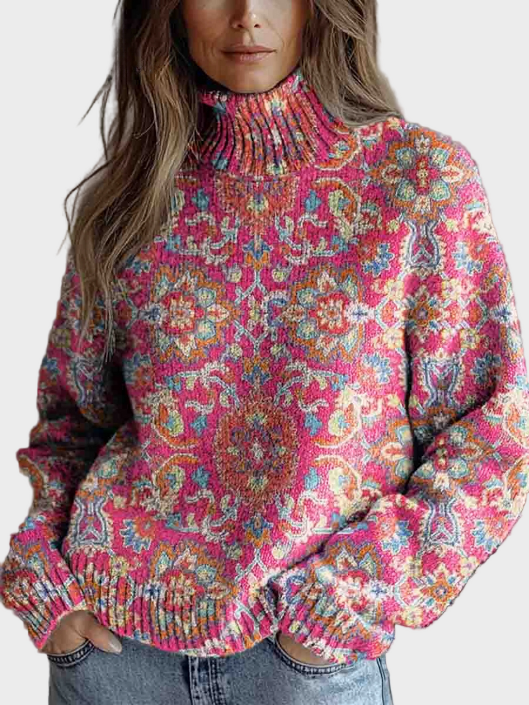 Lucy | Pulover Etno Floral Retro cu Guler Înalt