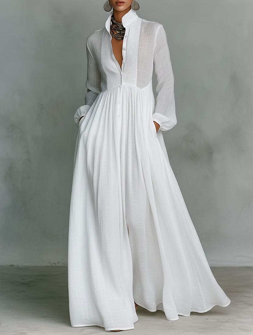 Crina | Maxi Minimalist Cotton and Linen Patchwork Dress with High Neck and Long Sleeves