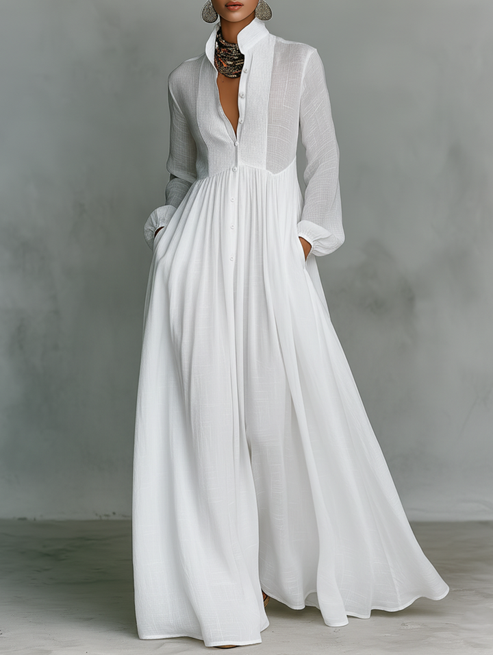 Crina | Maxi Minimalist Cotton and Linen Patchwork Dress with High Neck and Long Sleeves