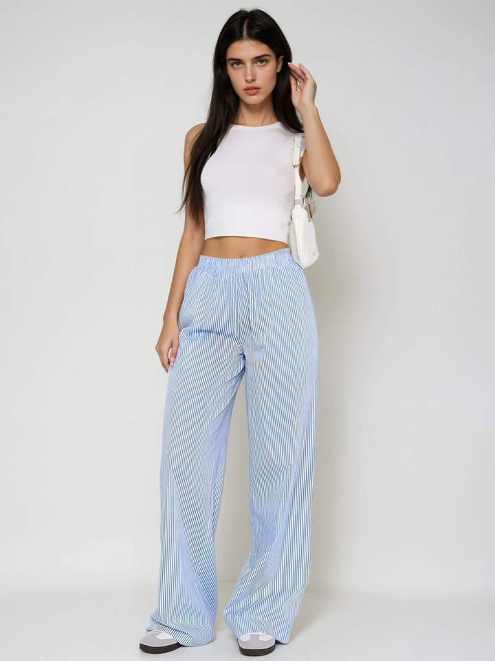 Pantaloni largi cu talie înaltă elastici, cu dungi