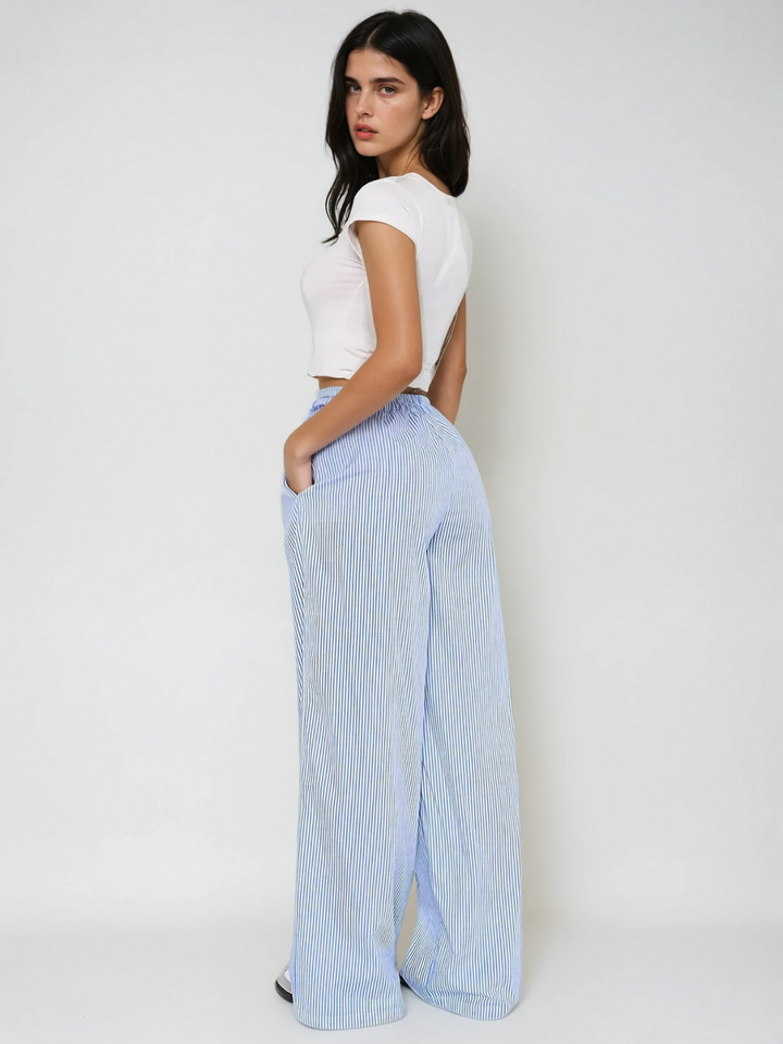 Pantaloni largi cu talie înaltă elastici, cu dungi