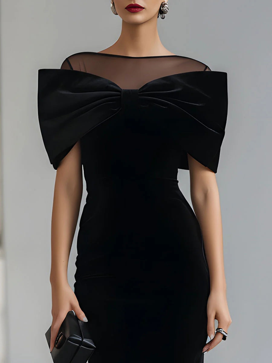 Cătălina | Rochie Midi din Catifea Neagră Dramatică cu Fundă