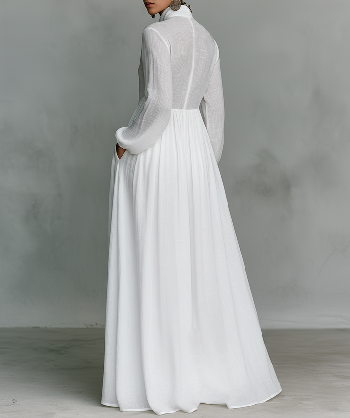 Crina | Maxi Minimalist Cotton and Linen Patchwork Dress with High Neck and Long Sleeves