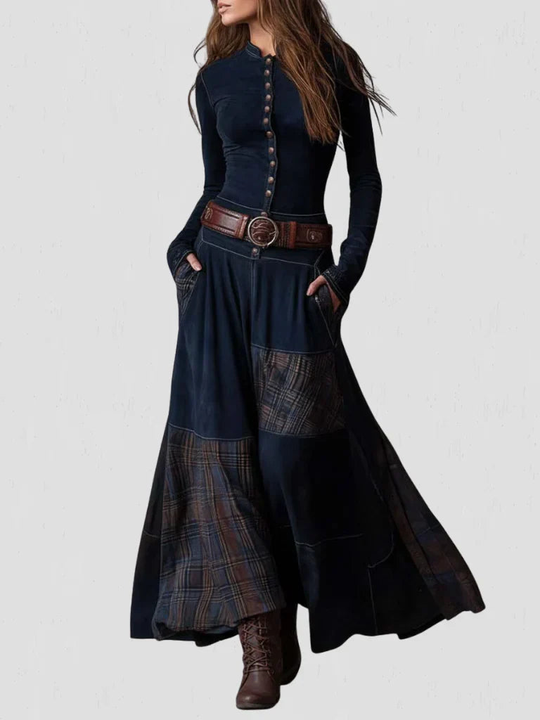 Stela | Rochie maxi din ante cu brâu