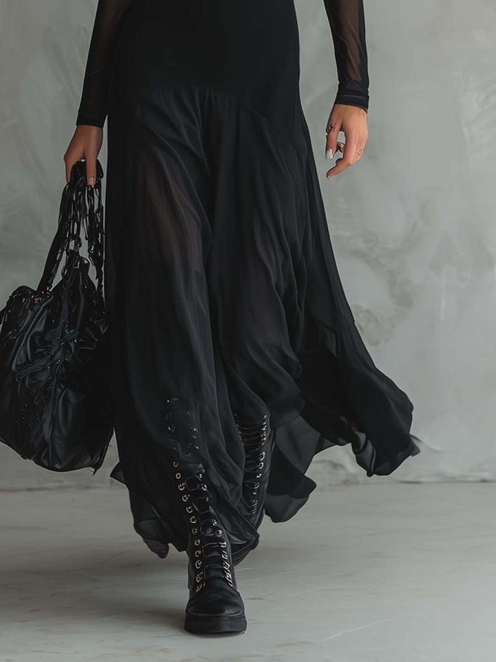Mădălina | Black Tulle Loose-fit Maxi Dress