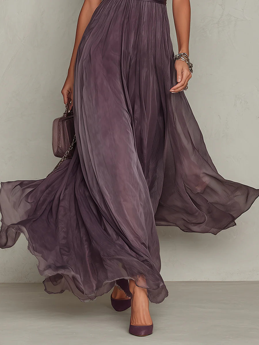 Flavia | Rochie lungă violet cu decolteu în V, căptușită cu dantelă din șifon
