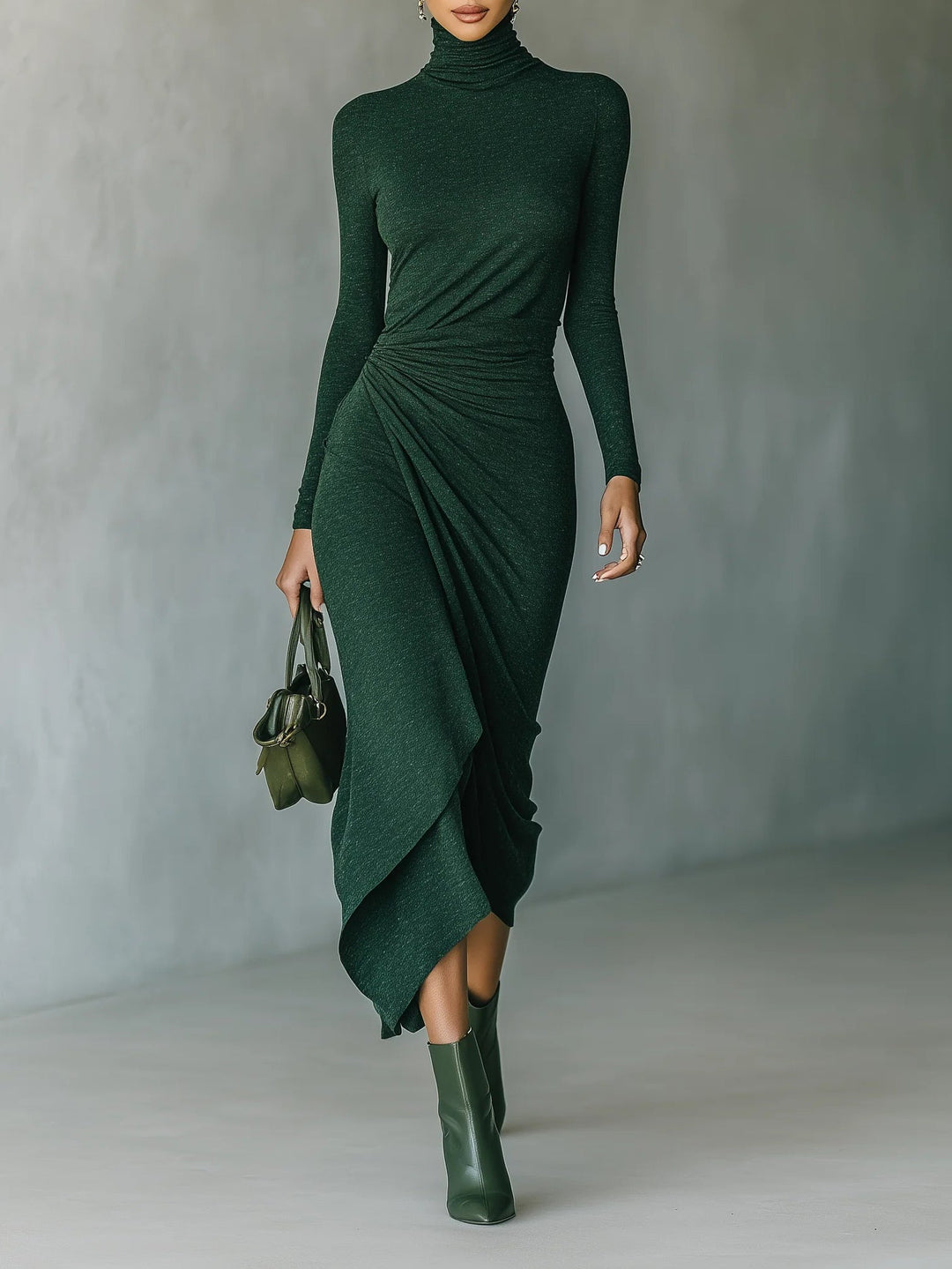 Felicia | Dark Green High Neck Asymmetric Pleated Wrap Midi Dress