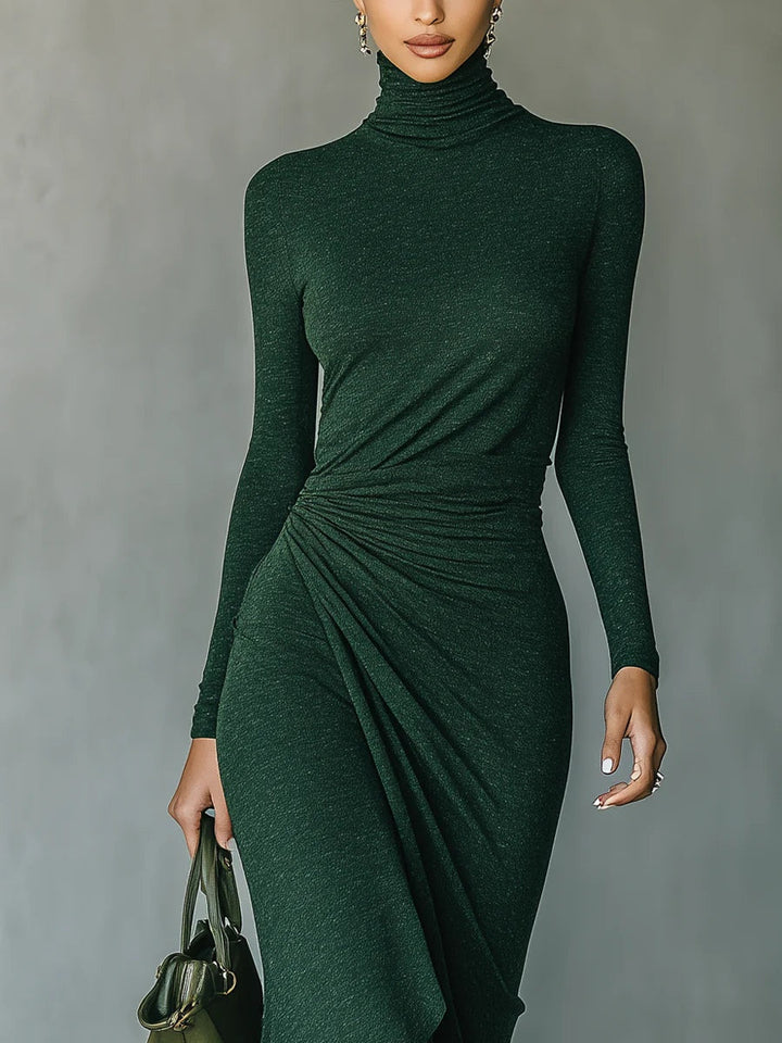 Felicia | Dark Green High Neck Asymmetric Pleated Wrap Midi Dress