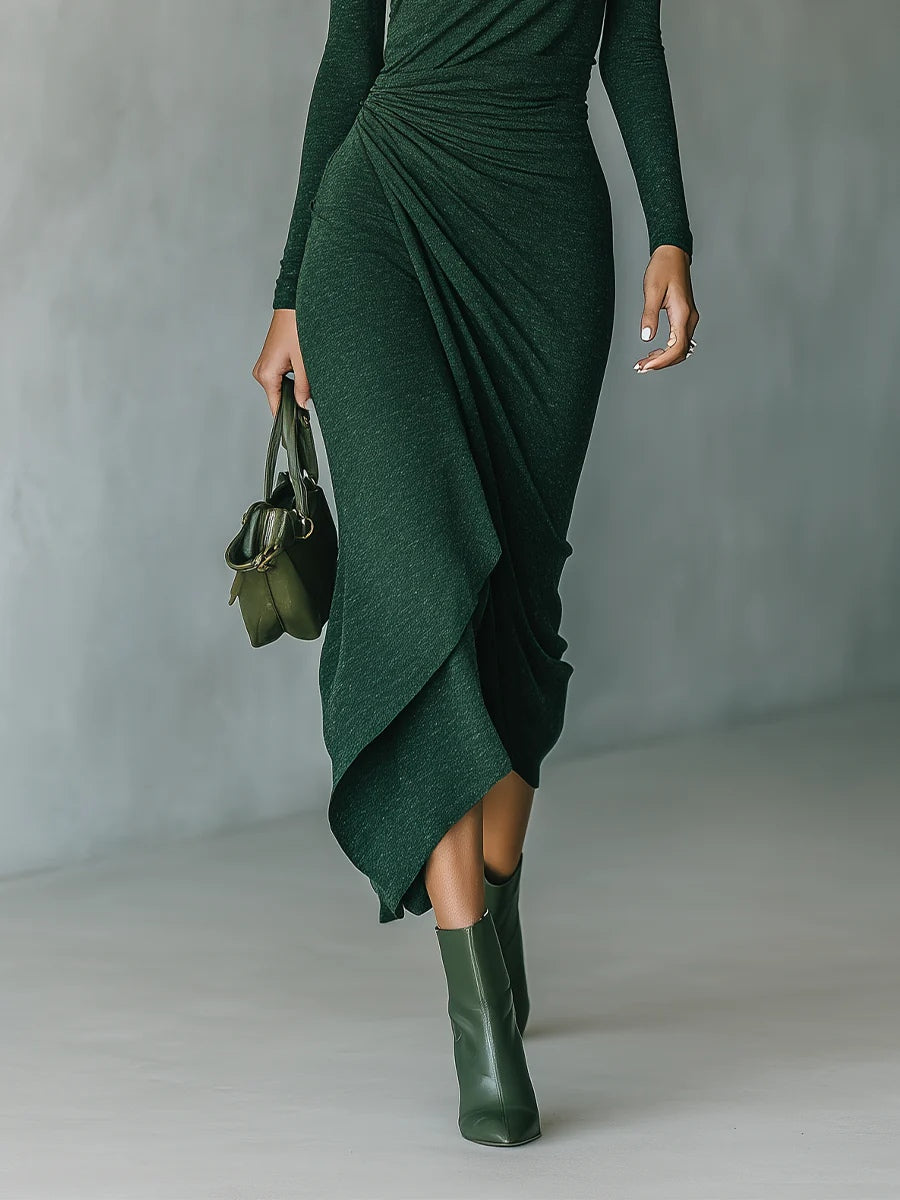 Felicia | Dark Green High Neck Asymmetric Pleated Wrap Midi Dress