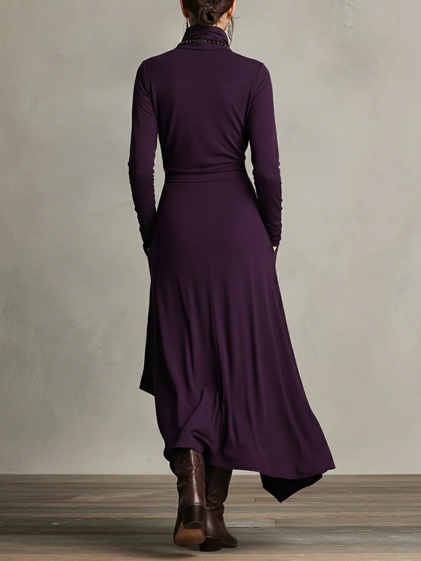 Doina | Rochie maxi plisată asimetrică cu guler înalt