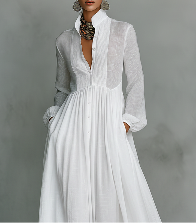 Crina | Maxi Minimalist Cotton and Linen Patchwork Dress with High Neck and Long Sleeves