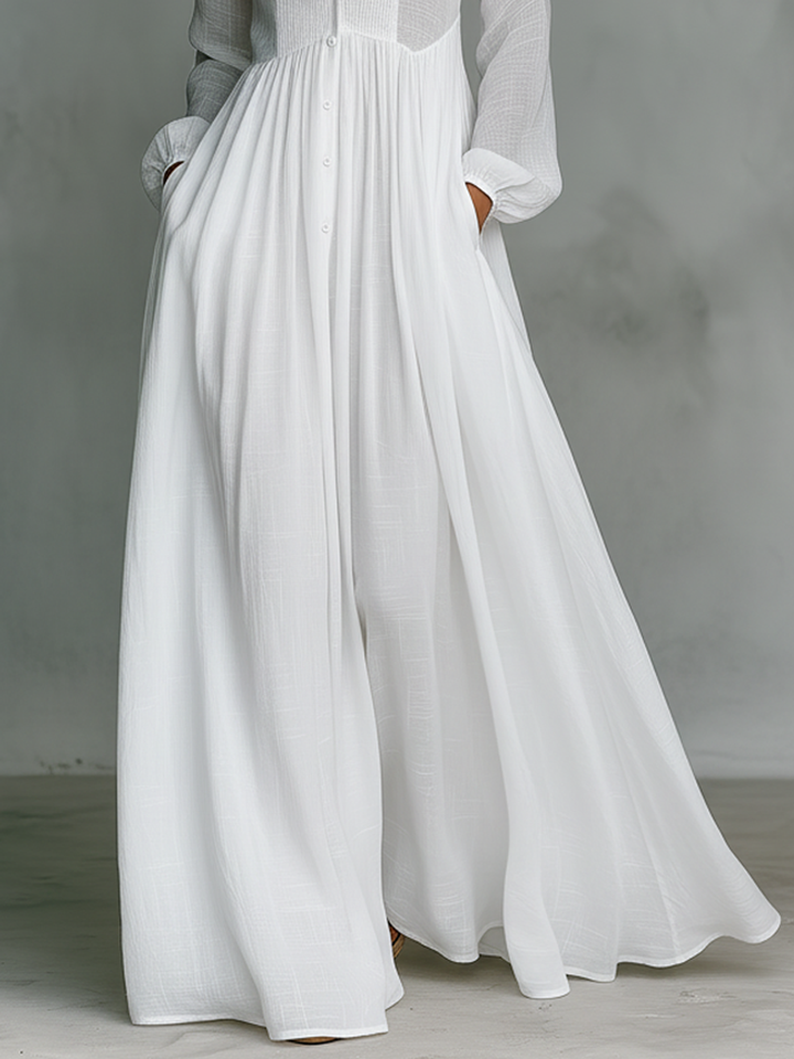 Crina | Maxi Minimalist Cotton and Linen Patchwork Dress with High Neck and Long Sleeves